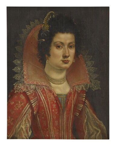 View full screen - View 1 of Lot 234. FLORENTINE SCHOOL, 16TH CENTURY | PORTRAIT OF A LADY, HALF LENGTH, WEARING A MEDICI COLLAR AND PEARLS.