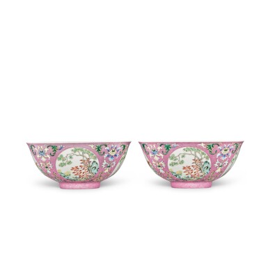 View full screen - View 1 of Lot 149. A fine pair of pink-ground famille-rose sgraffiato 'medallion' bowls, Seal marks and period of Daoguang.