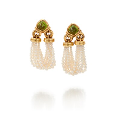 View full screen - View 1 of Lot 128. BULGARI | PAIR OF SEED PEARL AND PERIDOT EARCLIPS (PAIO DI ORECCHINI CON MICROPERLE E PERIDOTI).