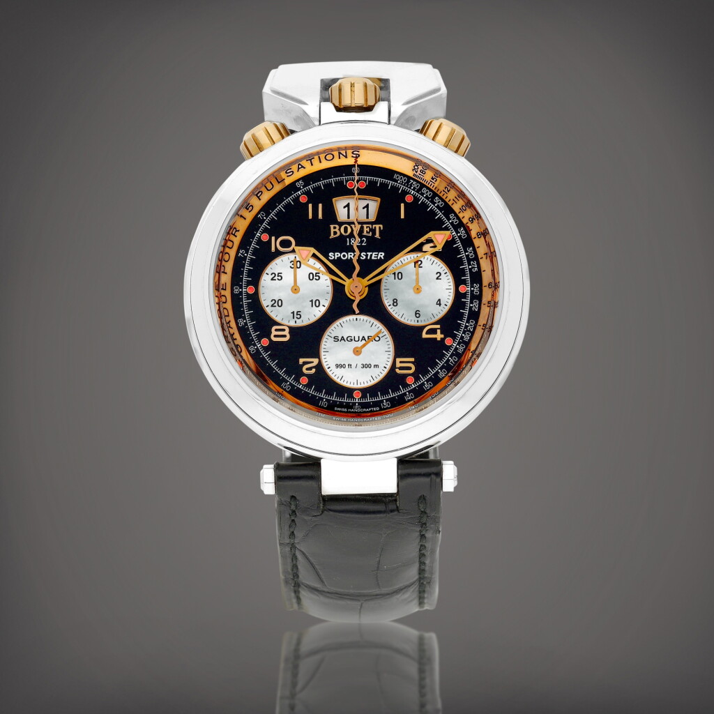 Voir en plein écran - Voir 1 du lot 946. Sportster Saguaro, Reference C806 | A stainless steel chronograph wristwatch with date and mother-of-pearl dial, Circa 2005 | 播威 | Sportster Saguaro 型號C806 | 精鋼計時腕錶,備日期顯示及珠母貝錶盤,約2005年製.