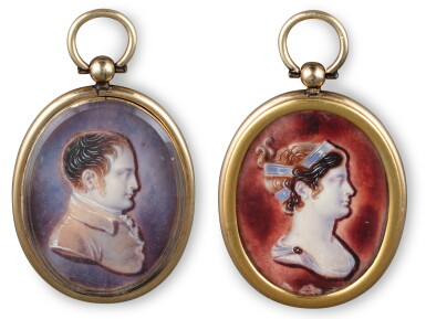View full screen - View 1 of Lot 93. A pair of French ovale miniatures on ivory representing probably Napoléon Bonaparte and Joséphine, Charles de Chatillon, Paris, circa 1800 | Paire de miniatures ovales sur ivoire représentant probablement Napoléon Bonaparte et Joséphine par Charles de Chatillon, Paris, vers 1800.