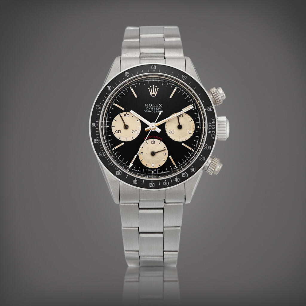 View full screen - View 1 of Lot 2104. Cosmograph Daytona 'Small Red', Reference 6263 | A stainless steel chronograph wristwatch with bracelet | Circa 1975 | 勞力士 | Cosmograph Daytona ‘Small Red’ 型號6263 | 精鋼計時鏈帶腕錶,約1975年製.