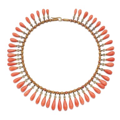 View full screen - View 1 of Lot 1687. MIKIMOTO | CORAL AND ENAMEL FRINGE NECKLACE 御木本 | 珊瑚 配 琺瑯彩 項鏈 .