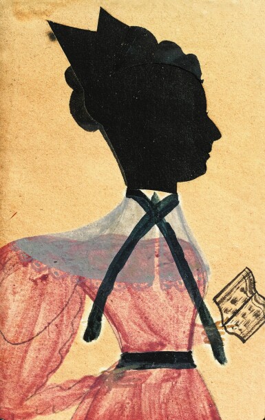 View full screen - View 1 of Lot 178. Silhouette Portrait of a Lady in Pink Reading a Book.