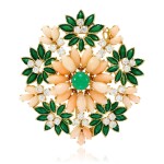 Coral, enamel, chrysoprase and diamond brooch, 1960s