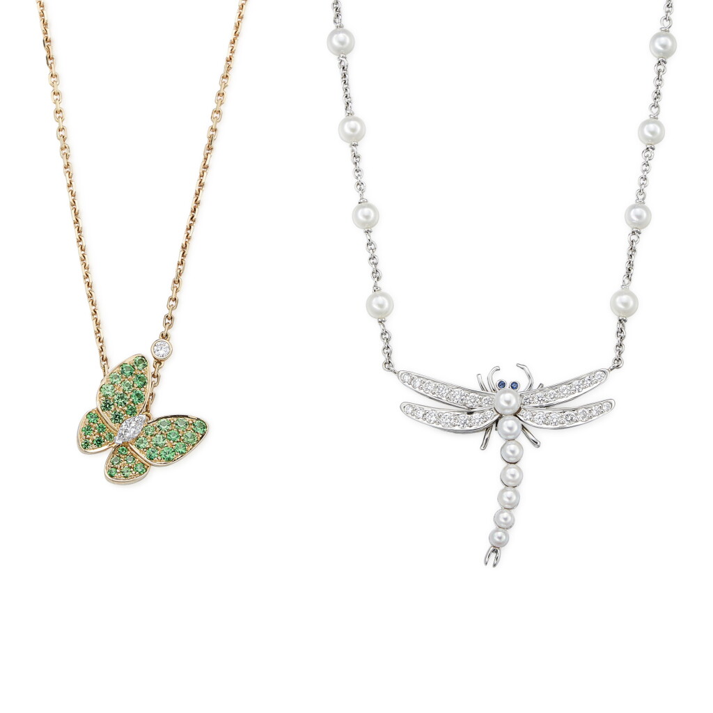 View full screen - View 1 of Lot 2800. ‘Deux Papillon’ Tsavorite Garnet and Diamond Necklace; and Tiffany & Co. | Cultured Pearl and Diamond Necklace | 梵克雅寶 | ‘Deux Papillon’ 沙弗莱石項鏈 | 蒂芙尼 | 養殖珍珠 配 鑽石項鏈.