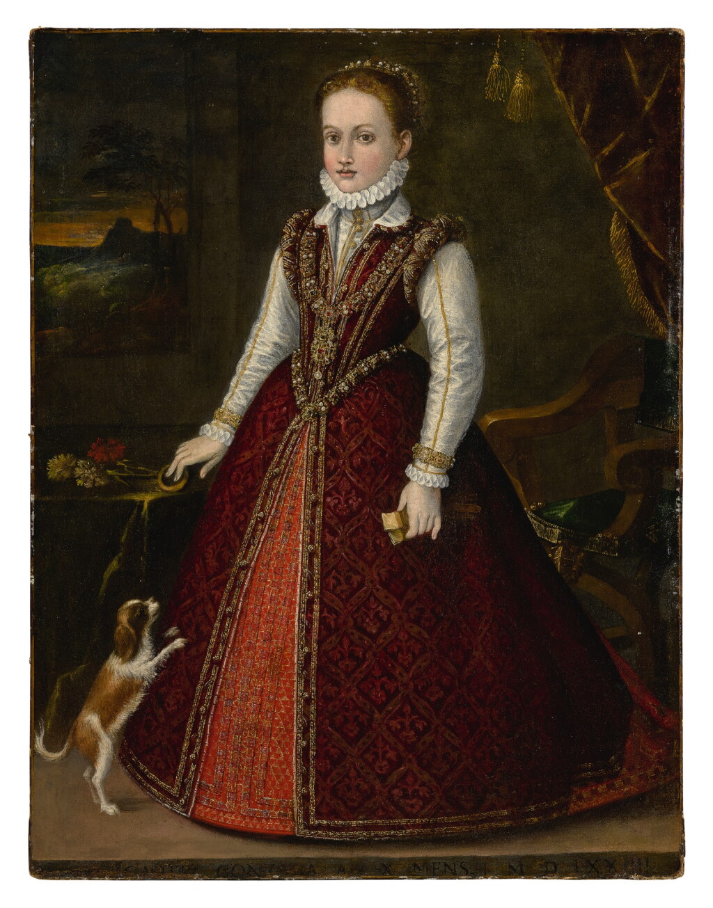 View full screen - View 1 of Lot 508. ORAZIO VECELLIO | PORTRAIT OF MARGHERITA GONZAGA (1564 - 1618), AGE 10, FULL LENGTH, WITH A DOG.