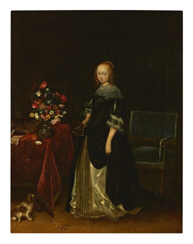 View full screen - View 1 of Lot 4. FOLLOWER OF GERARD TER BORCH | PORTRAIT OF A YOUNG WOMAN, FULL-LENGTH, STANDING AT A TABLE, WITH A DOG.