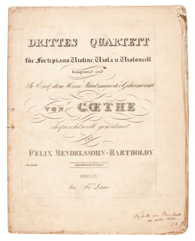 View full screen - View 1 of Lot 36. F. Mendelssohn. First editions of his earliest published works, opp.1 to 3, one a gift from the composer, 1823-1825.
