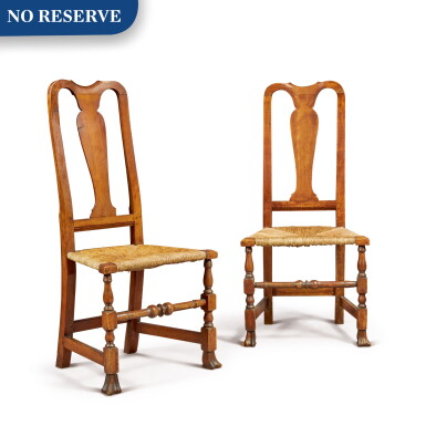 View full screen - View 1 of Lot 388. Pair of Queen Anne Carved and Turned Maple Side Chairs, Massachusetts, Circa 1760.