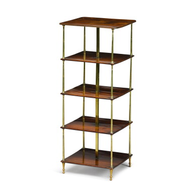 View full screen - View 1 of Lot 116. A George IV mahogany and gilt-lacquered brass five-tier small étagère, circa 1825.