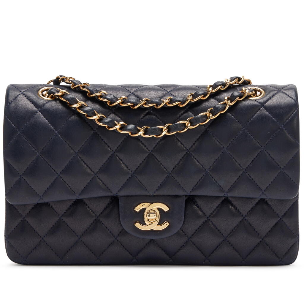 View full screen - View 1 of Lot 131. Navy Quilted Lambskin Medium Double Flap Gold Hardware, 2003.
