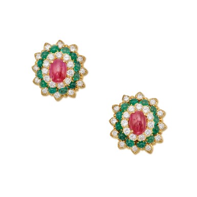View full screen - View 1 of Lot 478. Pair of Ruby, Emerald and Diamond Earclips.