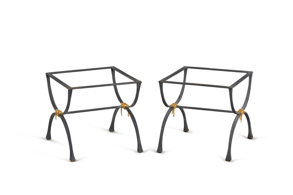 View full screen - View 1 of Lot 176. A Pair of Grey/Black Painted and Parcel Gilt Wrought Iron Low Table Bases, Supplied by JP Molyneux Studio Ltd.