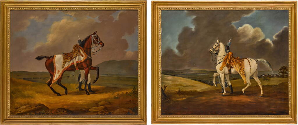 View full screen - View 1 of Lot 66. A pair of equestrian paintings: a chestnut charger and a white charger, both draped in the regimental horse furniture of the 7th Light Dragoons, accompanied by officers.