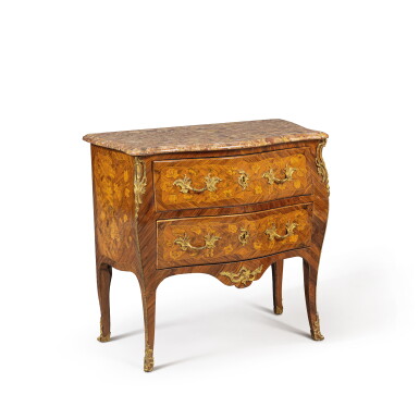 View full screen - View 1 of Lot 295. A Louis XV gilt-bronze mounted tulipwood, kingwood, holly flower marquetry commode, circa 1760, stamped by Léonard Boudin.