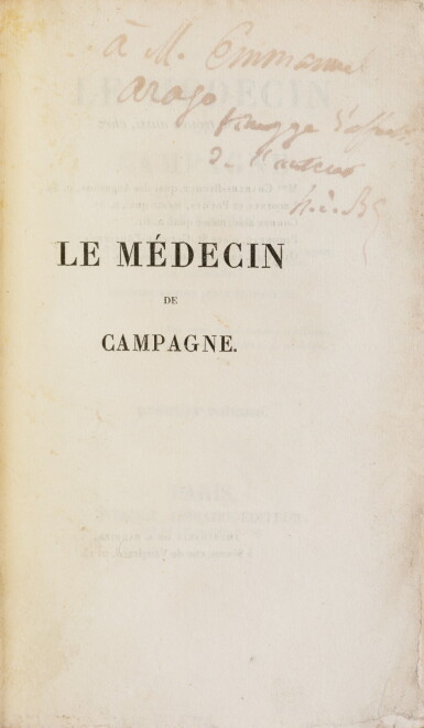 View full screen - View 1 of Lot 48. Le Médecin de campagne. 1834. 4 vol. in-12. Rel. de Pagant. Envoi à Emmanuel Arago..