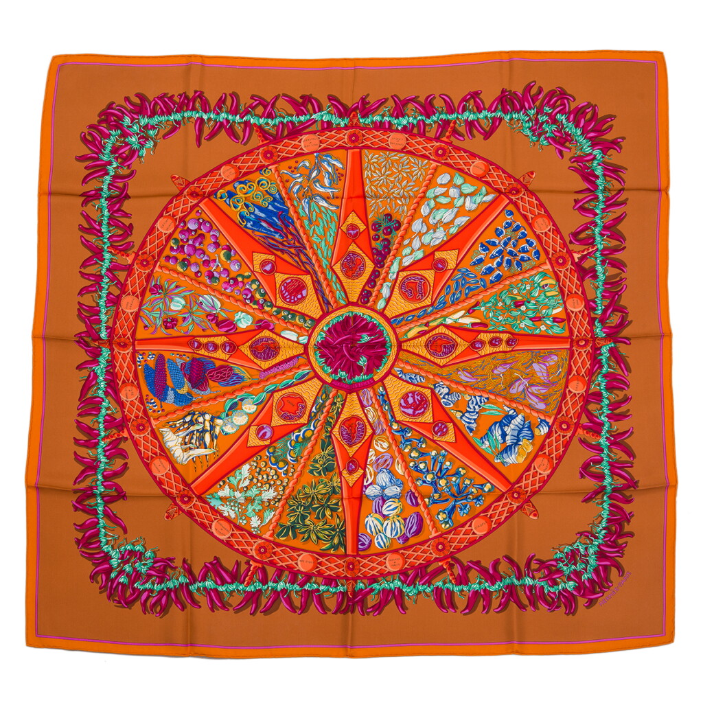 View full screen - View 1 of Lot 143. Hermès "Aux Pays des Epices" Silk Twill Scarf 90cm.