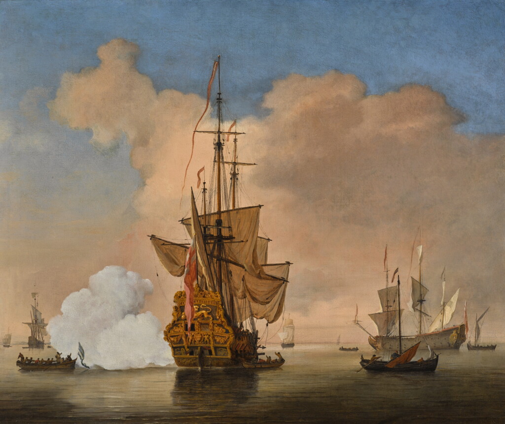 View full screen - View 1 of Lot 129. WILLEM VAN DE VELDE THE YOUNGER AND STUDIO | A calm with an English Merchant Ship at anchor.