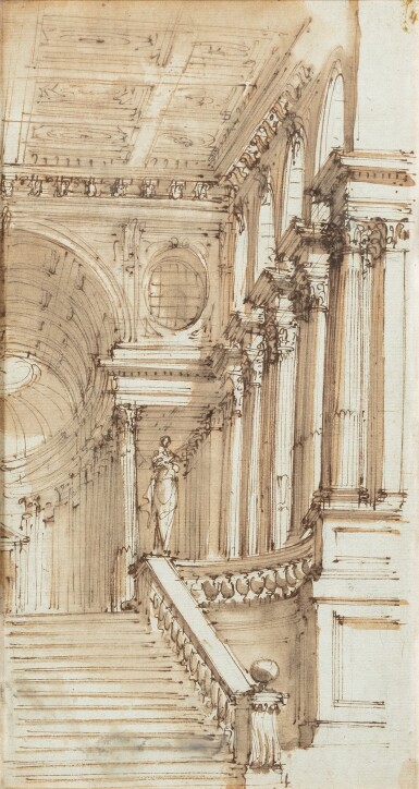 View full screen - View 1 of Lot 158. Partial study of a staircase leading to an elaborate palace hall.