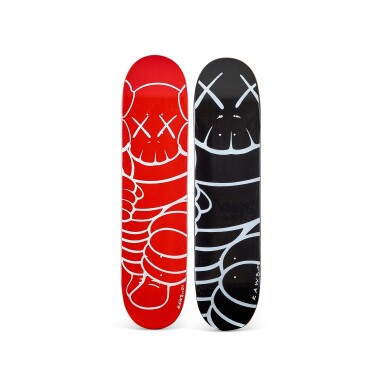 View full screen - View 1 of Lot 9020. Supreme Skateboard Decks "KAWS Chum" signed by Kaws, Set of Two.