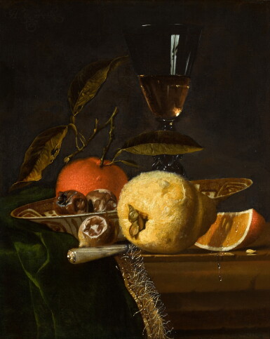 View full screen - View 1 of Lot 145. Still life with a quince, orange and other fruit on a partly draped ledge with Chinese porcelain and a glass of wine.