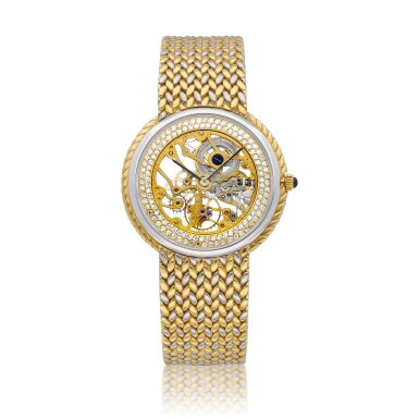 View full screen - View 1 of Lot 8105. Reference G1387 | A two colour gold and diamond-set skeletonised bracelet watch, Circa 2000 | 型號G1387 | 雙色金鑲鑽石鏤空鏈帶腕錶,約2000年製.