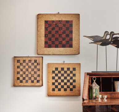 View full screen - View 1 of Lot 90. A Group of Three American Paint-Decorated Game Boards, Late 19th and Early 20th Century.