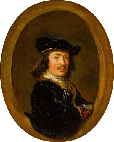 View full screen - View 1 of Lot 312. Portrait of a gentleman in black, wearing a chain and a hat, in a painted oval.