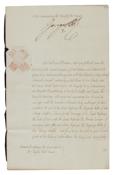 View full screen - View 1 of Lot 26. King George IV | Document signed, as Prince Regent, authorising the marriage of the Duke of Kent, 31 July 1818.
