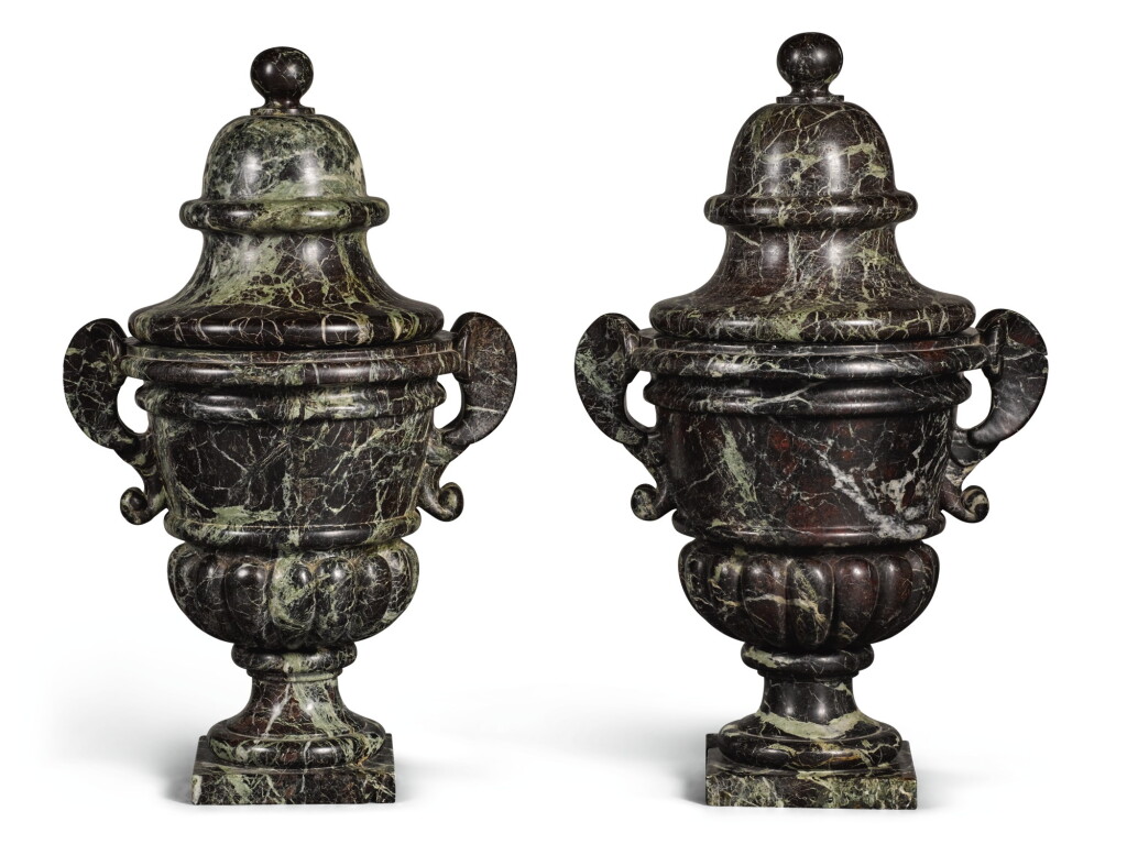 View full screen - View 1 of Lot 12. A PAIR OF LOUIS XIV VERT DE MER MARBLE VASES WITH COVERS, LATE 17TH/EARLY 18TH CENTURY.