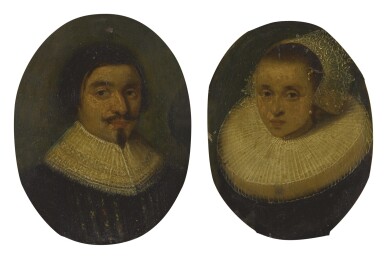 View full screen - View 1 of Lot 585. AMSTERDAM SCHOOL, CIRCA 1630 | PORTRAIT OF A GENTLEMAN, BUST LENGTH, WEARING A RUFF; PORTRAIT OF A LADY, BUST LENGTH, WEARING A RUFFLED COLLAR AND WHITE LACE BONNET.