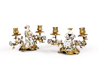 View full screen - View 1 of Lot 117. A PAIR OF LOUIS XV GILT-BRONZE AND MEISSEN PORCELAIN CANDELABRA, CIRCA 1750 | PAIRE DE CANDÉLABRES EN PORCELAINE DE MEISSEN ET BRONZE DORÉ D'ÉPOQUE LOUIS XV, VERS 1750.