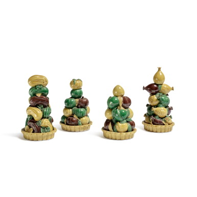 View full screen - View 1 of Lot 60. A group of four famille-verte biscuit ‘fruits’ pyramids, Qing dynasty, 19th century.