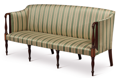 View full screen - View 1 of Lot 1078. FINE AND RARE FEDERAL INLAID AND CARVED MAHOGANY AND SATINWOOD SOFA, ATTRIBUTED TO JOHN AND THOMAS SEYMOUR, BOSTON, MASSACHUSETTS, CIRCA 1800.