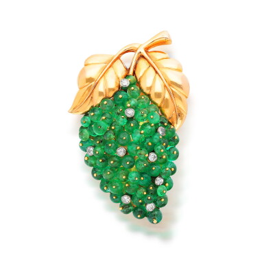 View full screen - View 1 of Lot 183. GAZDAR | EMERALD AND DIAMOND BROOCH, 1950S.