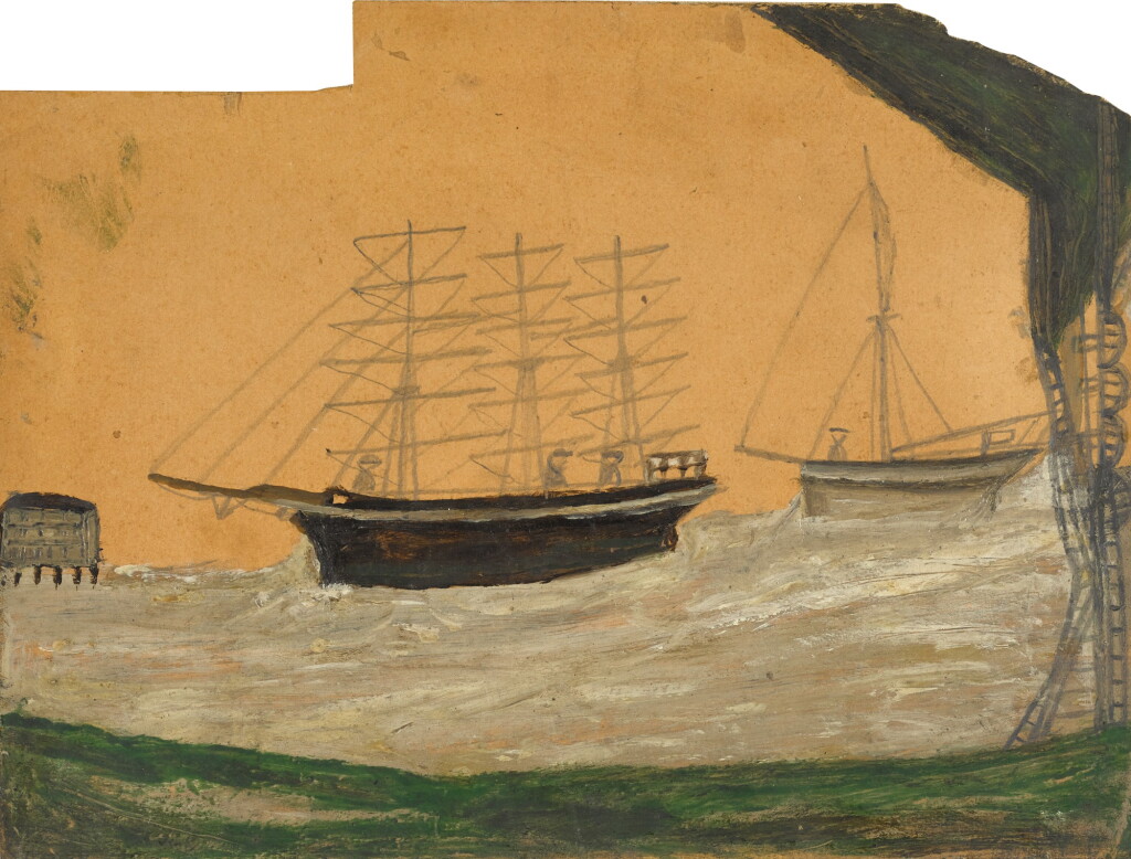 View full screen - View 1 of Lot 203. Three Masted Ships and Arched Railway Bridge.