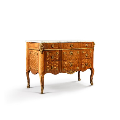 View full screen - View 1 of Lot 26. A late Louis XV gilt-bronze mounted tulipwood, kingwood and amaranth marquetry commode à la grecque, circa 1775, attributed to RVLC.