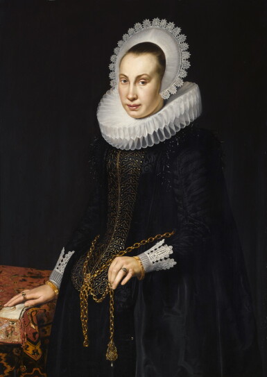 View full screen - View 1 of Lot 242. CORNELIS VAN DER VOORT | PORTRAIT OF A YOUNG WOMAN, THREE-QUARTER-LENGTH, IN A BLACK DAMASK DRESS WITH A RUFF AND WHITE LACE HEAD-PIECE.
