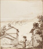 A rural view with a farmhouse and distant tower