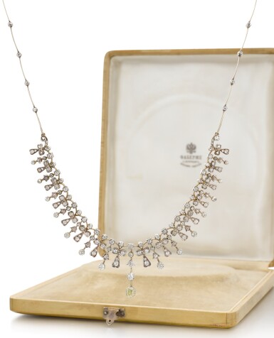 View full screen - View 1 of Lot 318. A FABERGÉ SILVER-TOPPED GOLD MOUNTED DIAMOND NECKLACE, WORKMASTER AUGUST HOLLMING, ST PETERSBURG, CIRCA 1900.