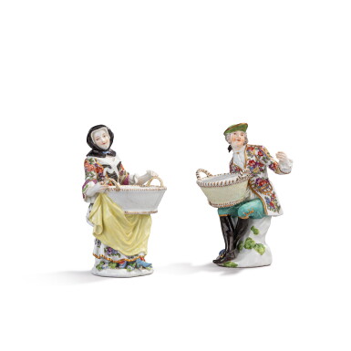 View full screen - View 1 of Lot 639. A pair of Meissen porcelain bouquetière figures, circa 1745-55.