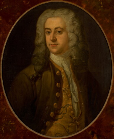 View full screen - View 1 of Lot 61. CIRCLE OF JOSEPH HIGHMORE | Portrait of a gentleman, half-length, wearing an embroidered gold waistcoat.