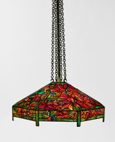 View full screen - View 1 of Lot 417. TIFFANY STUDIOS | AN IMPORTANT AND RARE "AUTUMN WOODBINE" CHANDELIER.