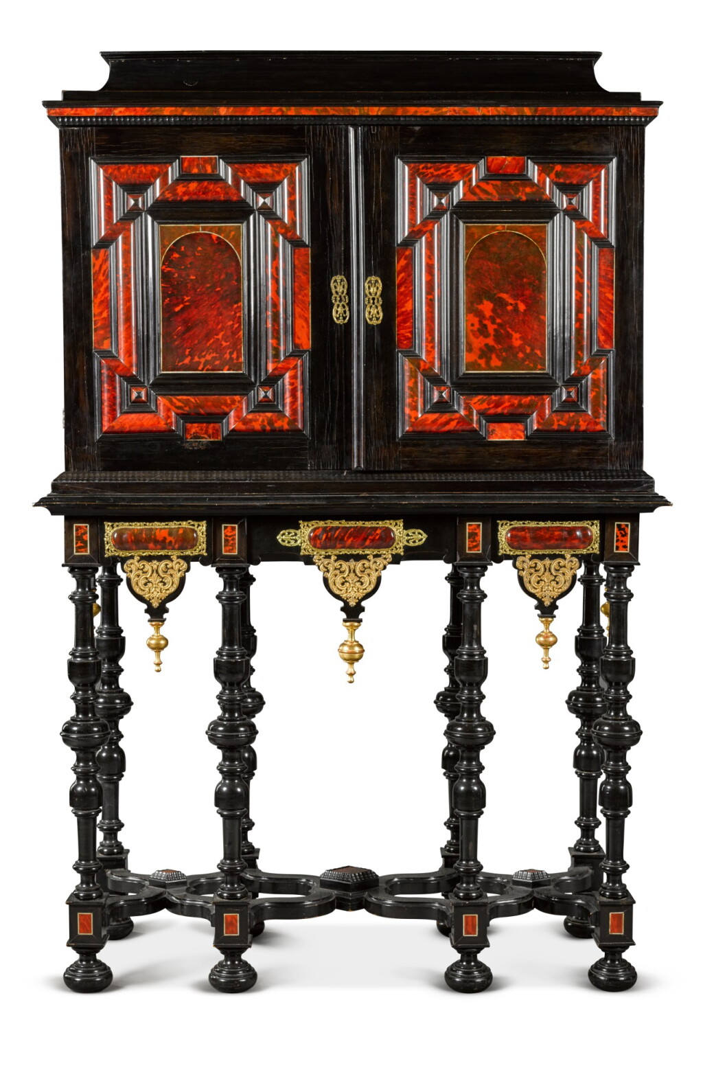 View full screen - View 1 of Lot 41. A Flemish Baroque gilt-metal mounted ebony, rosewood, tortoiseshell, ivory, inlaid and carved cabinet-on-stand, probably Antwerp, late 17th century.