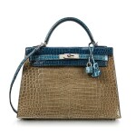 Blue, Bleu Jean and Gris Tourterelle Shiny Porosus Kelly 32 Palladium Hardware, 2005 | 愛馬仕藍色,牛仔藍色拼斑鳩灰色亮面 Porosus 灣鰐皮32公分凱莉包,配鍍鈀金屬件,2005年