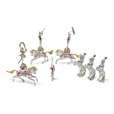View full screen - View 1 of Lot 1855. HORSES: A GROUP OF SILVER AND ENAMEL CIRCUS FIGURES, DESIGNED BY GENE MOORE FOR TIFFANY & CO., NEW YORK, CIRCA 1990.
