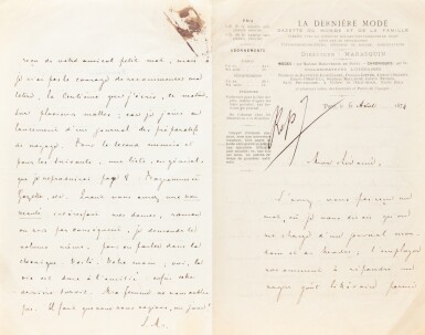 View full screen - View 1 of Lot 40. Lettre autographe signée, inédite, à l’éditeur Maurice Dreyfous. 1874. À propos de la revue "La Dernière Mode"..