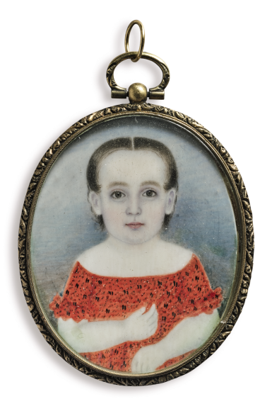View full screen - View 1 of Lot 1020. ATTRIBUTED TO MRS. MOSES B. RUSSELL (CLARISSA PETERS) | MINIATURE PORTRAIT OF A GIRL IN A RED DRESS.
