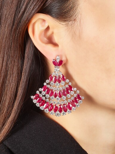 View full screen - View 1 of Lot 1018. Pair of Ruby and Diamond Earrings | 格拉夫| 紅寶石 配 鑽石 耳墜一對 (紅寶石及鑽石共重約49.20及23.30克拉).